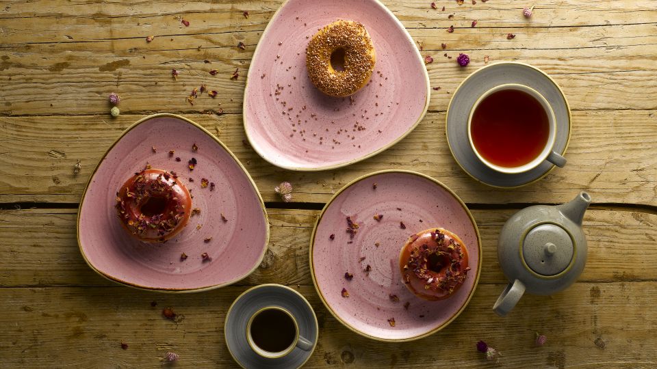 STONECAST PETAL PINK AND PEPPERCORN GREY BEVERAGE- DONUTS WITH EXTRA SPRINKLES AND TEA