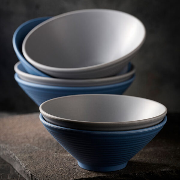 Churchill Emerge Melamine Ripple Bowls in Oslo Blue and Seattle Grey stacked