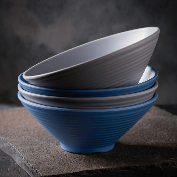 Churchill Emerge Melamine Ripple Bowls in Oslo Blue and Seattle Grey stacked