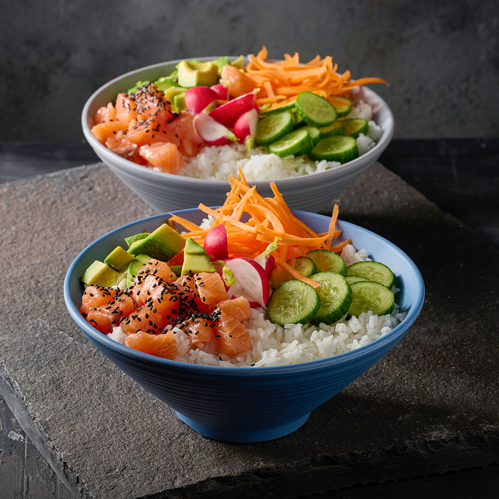 Churchill Emerge Melamine Ripple Bowls in Seattle Grey and Oslo Blue, used to serve colourful poke bowls