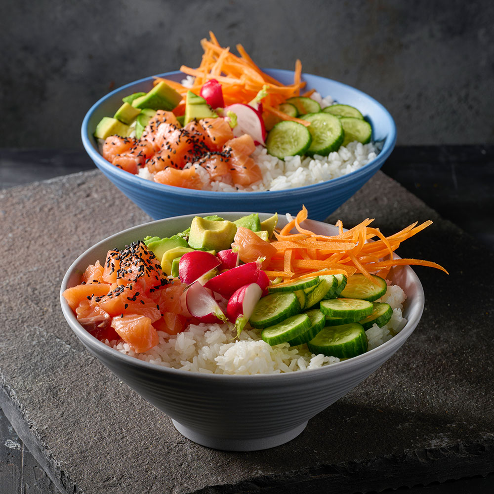 Churchill Emerge Melamine Ripple Bowls in Oslo Blue and Seattle Grey, used to serve colourful poke bowls