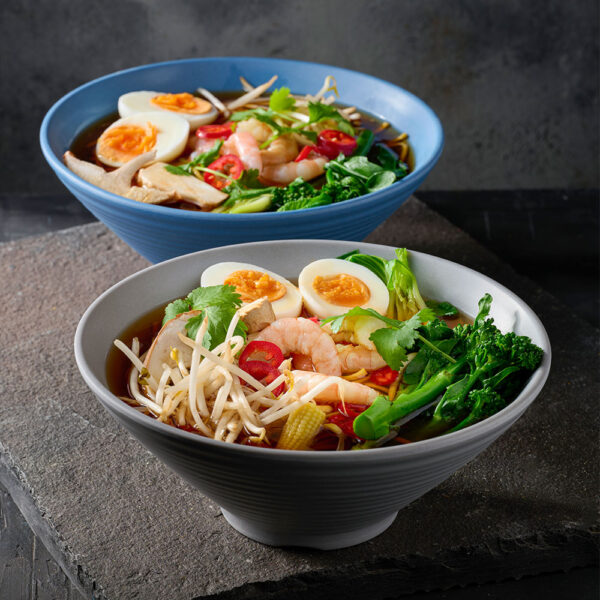 Churchill Emerge Melamine Ripple Bowls in Seattle Grey and Oslo Blue, used to serve colourful ramen dishes
