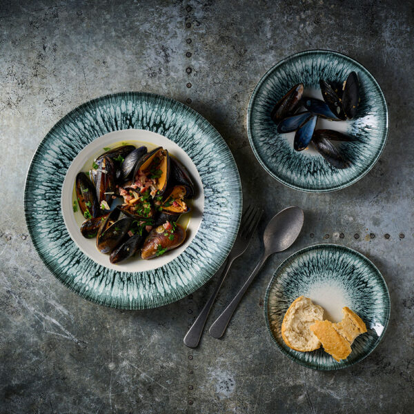 Churchill Inked Lume Coupe Bowl with seafood being served