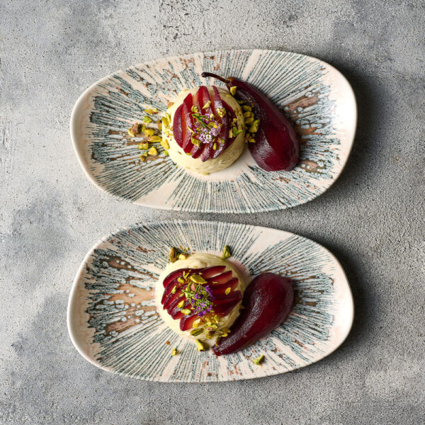 Churchill Inked Lyra Pink Natural Oblong Platters presenting a colourful dessert
