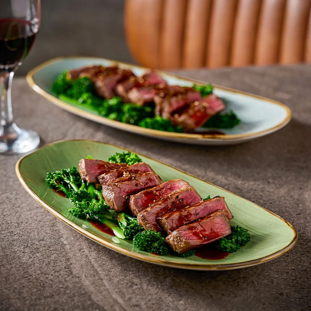 Churchill Stonecast Sage Green Opal Platters serving up Asian fusion–styled beef