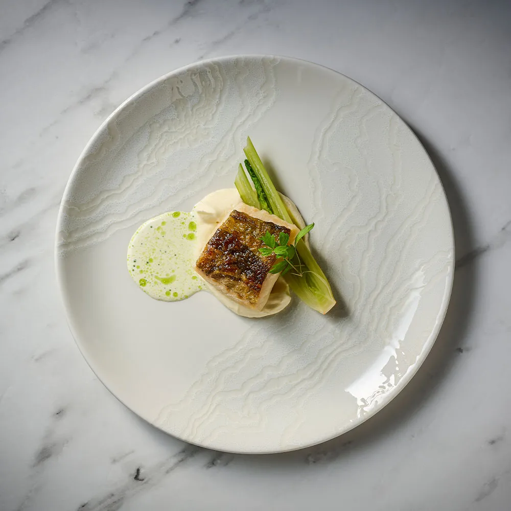 Churchill Inked Tide White Coupe Plate, presenting a fine dining and premium dish of fish with veg