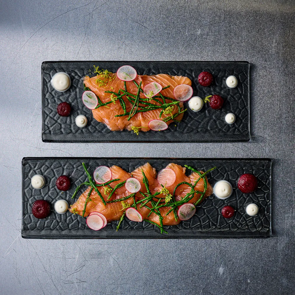 Churchill Viana Glass Dusk Tasting Trays with smoked salmon as a starter dish