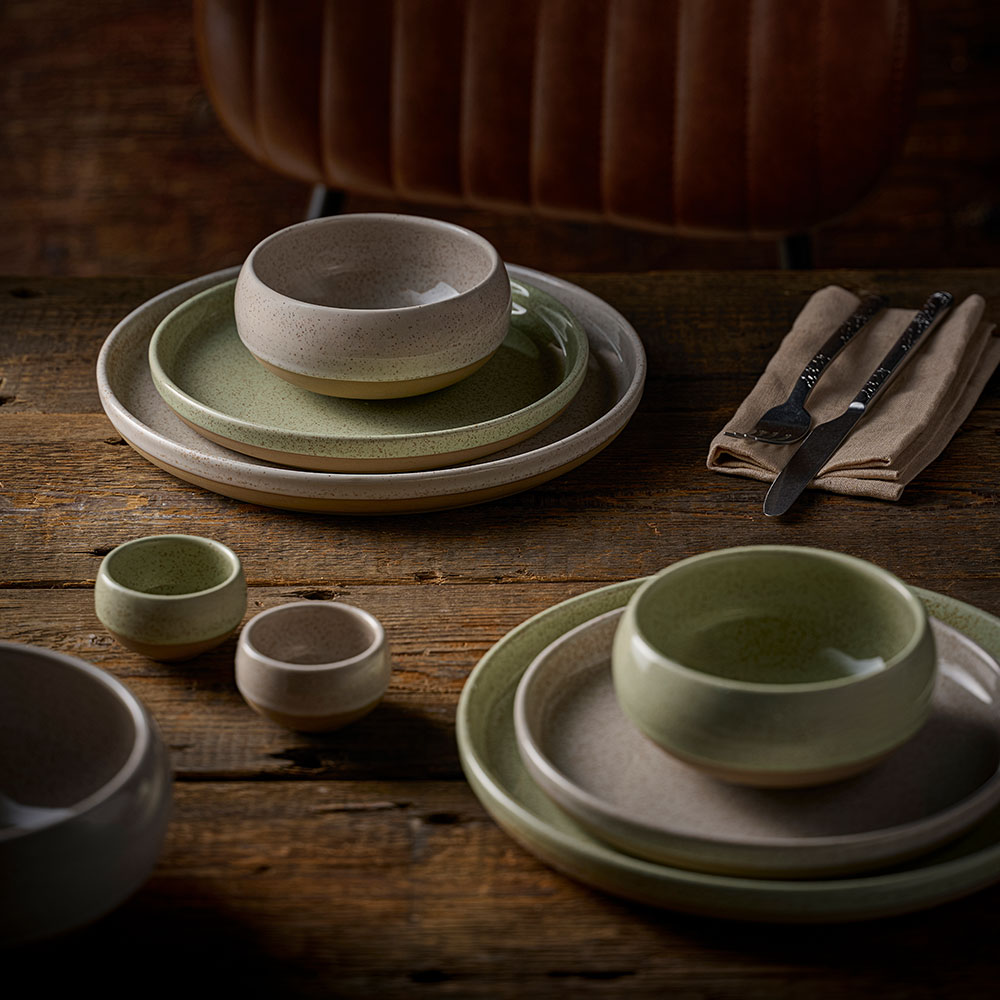 Churchill Emerge Speckled Green bowls on rustic wooden tabletop