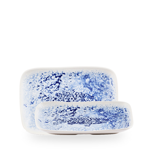 Churchill Blue Inked Fresco 26x18cm Natural Deep Tray on white background