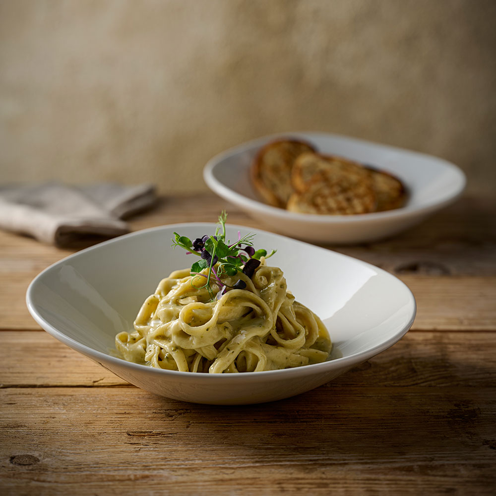 Churchill Opal White bowl filled with pasta
