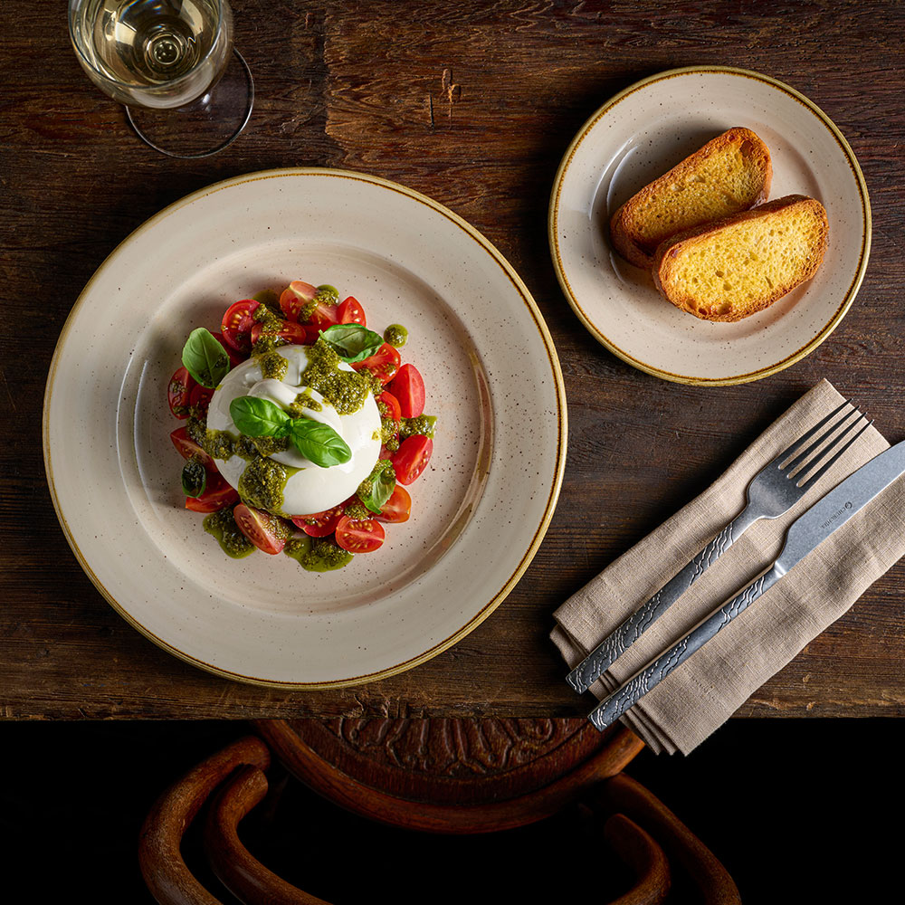 Churchill Stonecast Nutmeg Cream profile rimmed plates with mozerella salad