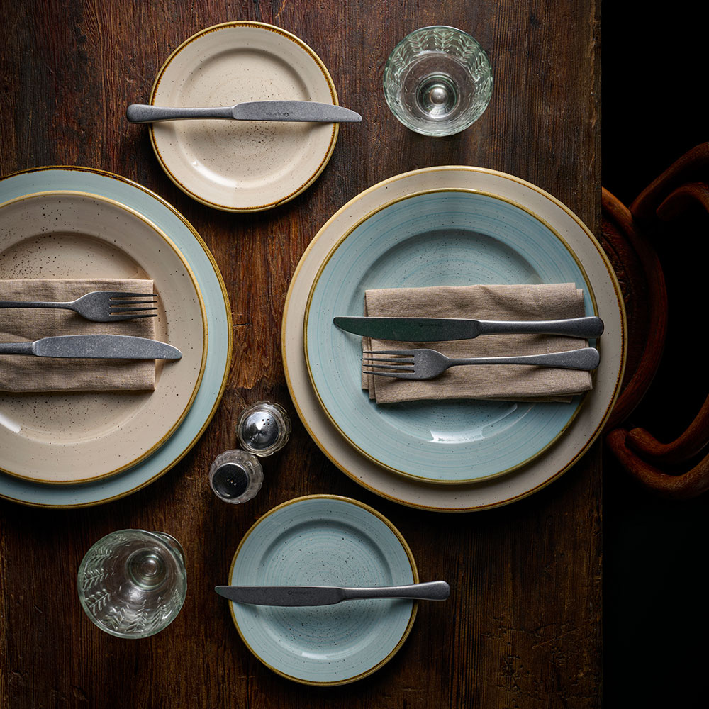 Churchill Stonecast profile rimmed plates in Duck Egg Blue and Nutmeg Cream